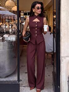 Lumalex New Hollow-Out Sleeveless Metal Buckle Decor Top & Slimming Waist Wide Leg Straight Long Pants 2 Pieces Set - Burgundy - View 1