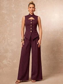 Lumalex New Hollow-Out Sleeveless Metal Buckle Decor Top & Slimming Waist Wide Leg Straight Long Pants 2 Pieces Set - Burgundy - View 8