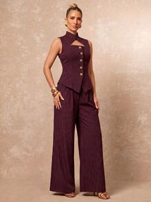 Lumalex New Hollow-Out Sleeveless Metal Buckle Decor Top & Slimming Waist Wide Leg Straight Long Pants 2 Pieces Set - Burgundy - View 3