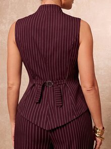 Lumalex New Hollow-Out Sleeveless Metal Buckle Decor Top & Slimming Waist Wide Leg Straight Long Pants 2 Pieces Set - Burgundy - View 7