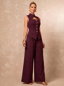 Lumalex New Hollow-Out Sleeveless Metal Buckle Decor Top & Slimming Waist Wide Leg Straight Long Pants 2 Pieces Set - Burgundy - View 5