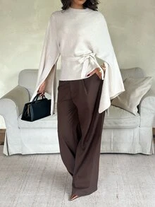 Aloruh Sweater Kasual Lengan Panjang Wanita Warna Khaki Muda dengan Ikat di Pinggang - Khaki - View 4