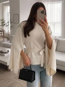 Aloruh Sweater Kasual Lengan Panjang Wanita Warna Khaki Muda dengan Ikat di Pinggang - Khaki - View 1