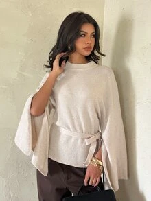 Aloruh Sweater Kasual Lengan Panjang Wanita Warna Khaki Muda dengan Ikat di Pinggang - Khaki - View 5