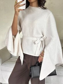 Aloruh Sweater Kasual Lengan Panjang Wanita Warna Khaki Muda dengan Ikat di Pinggang - Khaki - View 3