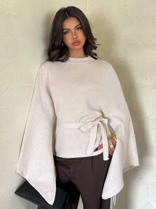 Aloruh Sweater Kasual Lengan Panjang Wanita Warna Khaki Muda dengan Ikat di Pinggang - Khaki - View 6