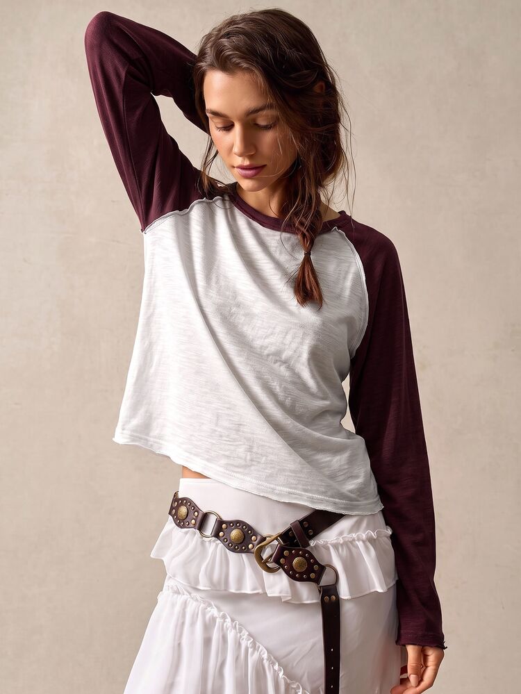 Bohemela Casual Retro Vintage 70s Knitted Patchwork Loose Long Sleeve Women's T-Shirt Everyday White And Burgundy Autumn - Multicolor - View 5