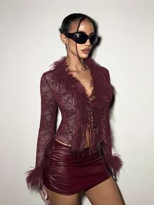 EgrlEra Women's Sexy Lace Sheer With Fluffy Patchwork Tie Waist Top Y2K - Burgundy - View 4