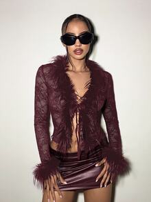 EgrlEra Women's Sexy Lace Sheer With Fluffy Patchwork Tie Waist Top Y2K - Burgundy - View 5