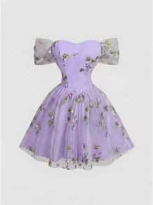 Skyraze Women's Elegant Floral Embroidered Mesh Off-Shoulder Criss-Cross Backless Mini Dress, Summer,Dresses For Women Summer - Purple - View 8