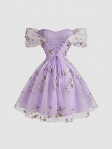 Skyraze Women's Elegant Floral Embroidered Mesh Off-Shoulder Criss-Cross Backless Mini Dress, Summer,Dresses For Women Summer - Purple - View 5