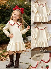 SHEIN Elladie kids Young Girls Strawberry Embroidery Doll Collar Long Sleeve Ruffle Hem Dress, Cute Fall Outfit For Thanksgiving Gathering, Birthday & Daily Wear - Apricot - View 4