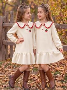 SHEIN Elladie kids Young Girls Strawberry Embroidery Doll Collar Long Sleeve Ruffle Hem Dress, Cute Fall Outfit For Thanksgiving Gathering, Birthday & Daily Wear - Apricot - View 6
