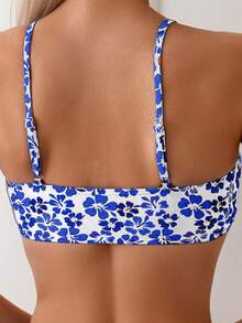 Swim Basics Women Floral Print Spaghetti Straps Bikini Set, Random Print, Wire-Free For Summer Beach Vacation - Blue and White - View 3