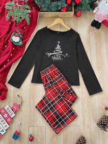 CoupledUp Casual Letter Christmas Plaid Print Long Sleeve Pants Women Pajama Set - Black - View 5