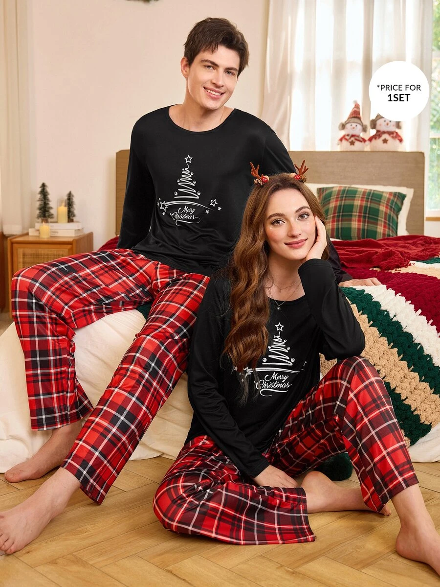 CoupledUp Casual Letter Christmas Plaid Print Long Sleeve Pants Women Pajama Set - Black - View 1