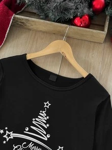 CoupledUp Casual Letter Christmas Plaid Print Long Sleeve Pants Women Pajama Set - Black - View 6