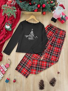CoupledUp Casual Letter Christmas Plaid Print Long Sleeve Pants Women Pajama Set - Black - View 2