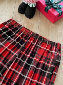 CoupledUp Casual Letter Christmas Plaid Print Long Sleeve Pants Women Pajama Set - Black - View 7