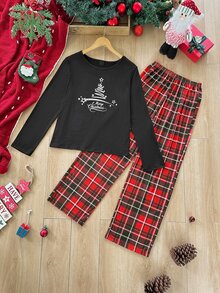CoupledUp Casual Letter Christmas Plaid Print Long Sleeve Pants Women Pajama Set - Black - View 9