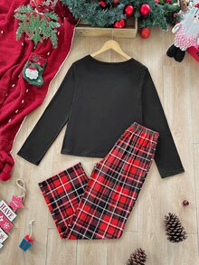 CoupledUp Casual Letter Christmas Plaid Print Long Sleeve Pants Women Pajama Set - Black - View 3