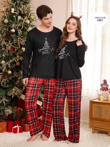 CoupledUp Casual Letter Christmas Plaid Print Long Sleeve Pants Women Pajama Set - Black - View 4