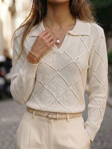 SHEIN Solid V-Collar Pointelle Knit Sweater Brunch White Autumn Casual - Apricot - View 5