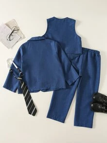 SHEIN 3件組兒童青少年男孩極簡剪影高級深皇家藍格紋西裝套裝，附深皇家藍領帶，適合婚禮季、休閒上學，舒適時尚，極簡實用百搭柔軟面料，適合日常穿著、學校、假期派對，四季皆宜 - 藍色 - 查看 4