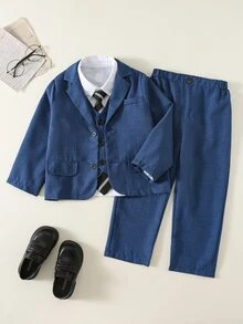 SHEIN 3件組兒童青少年男孩極簡剪影高級深皇家藍格紋西裝套裝，附深皇家藍領帶，適合婚禮季、休閒上學，舒適時尚，極簡實用百搭柔軟面料，適合日常穿著、學校、假期派對，四季皆宜 - 藍色 - 查看 7