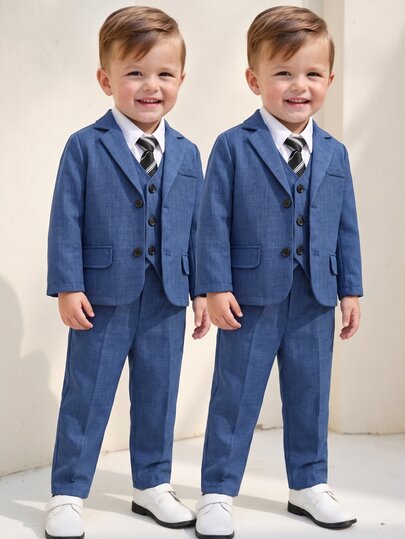 SHEIN 3pcs Kids Tween Boy Minimalist Silhouette Premium Deep Royal Blue Plaid Suit Set With Deep Royal Blue Tie, Suitable For Wedding Season, Casual School, Comfortable Fashion, Minimalist Practical Versatile Soft Fabric, Suitable For Daily Wear, School, Holiday Party, All Seasons