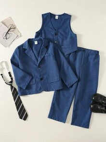 SHEIN 3件組兒童青少年男孩極簡剪影高級深皇家藍格紋西裝套裝，附深皇家藍領帶，適合婚禮季、休閒上學，舒適時尚，極簡實用百搭柔軟面料，適合日常穿著、學校、假期派對，四季皆宜 - 藍色 - 查看 5