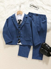 SHEIN 3件組兒童青少年男孩極簡剪影高級深皇家藍格紋西裝套裝，附深皇家藍領帶，適合婚禮季、休閒上學，舒適時尚，極簡實用百搭柔軟面料，適合日常穿著、學校、假期派對，四季皆宜 - 藍色 - 查看 3