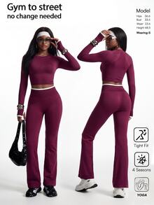 Innovista Innovista Women's Solid Color Long Sleeve Top And Pants Casual Daily Sports Set - Burgundy - View 13