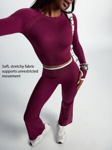Innovista Innovista Women's Solid Color Long Sleeve Top And Pants Casual Daily Sports Set - Burgundy - View 2
