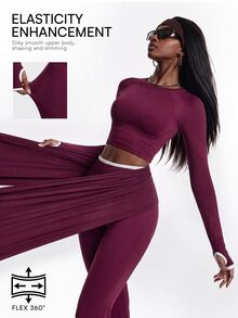 Innovista Innovista Women's Solid Color Long Sleeve Top And Pants Casual Daily Sports Set - Burgundy - View 11