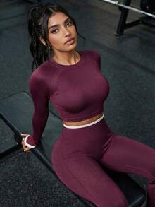Innovista Innovista Women's Solid Color Long Sleeve Top And Pants Casual Daily Sports Set - Burgundy - View 14