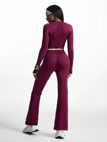 Innovista Innovista Women's Solid Color Long Sleeve Top And Pants Casual Daily Sports Set - Burgundy - View 4