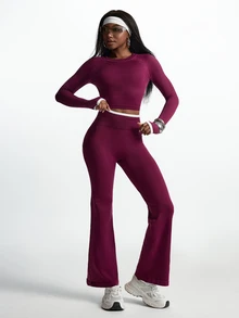 Innovista Innovista Women's Solid Color Long Sleeve Top And Pants Casual Daily Sports Set - Burgundy - View 8