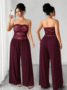 Cravure Plus Size Women Strapless Ruched Wide Leg Knit Jumpsuit - Burgundy - View 10