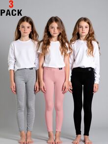 SHEIN 青少年女孩直筒 3件/包 緊身褲 百搭休閒端莊舒適長褲 夏季簡約返校季 綠色、腮紅粉、黑色 - 彩色 - 查看 2