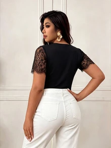 Femmeverse Women's Lace Patchwork Sheer Sexy Short Sleeve Bodysuit - Black - View 2