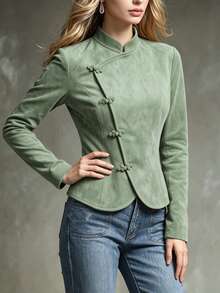 Trelyra Women's New Casual Autumn/Winter New Chinese Style Frog Button High Collar Long Sleeve Jacket, Daily Wear - Green - View 7