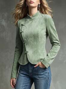 Trelyra Women's New Casual Autumn/Winter New Chinese Style Frog Button High Collar Long Sleeve Jacket, Daily Wear - Green - View 5