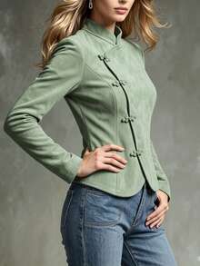Trelyra Women's New Casual Autumn/Winter New Chinese Style Frog Button High Collar Long Sleeve Jacket, Daily Wear - Green - View 8