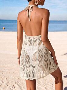 SHEIN Swim Swim Chiccia 女款春夏季休閒V領無袖海灘罩衫，露肩繫帶前開背無袖休閒泳裝洋裝，黑色性感夜店穿搭，女款海灘裝，適合外出、演唱會、派對、約會、度假 - 米色 - 查看 2