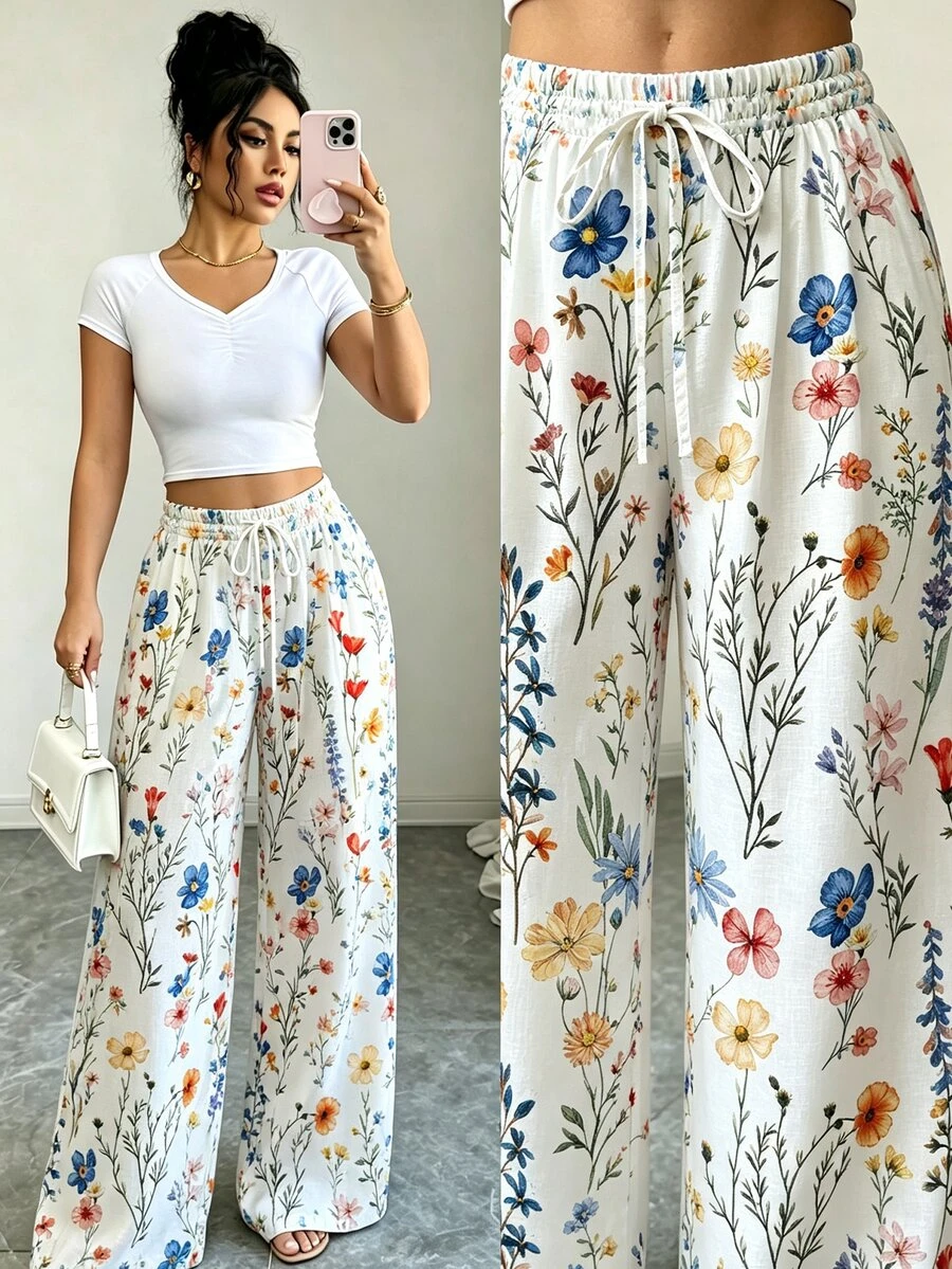 Elenzga Ladies' Fashion Plus-Size Floral Print Loose-Fitting Casual Pants, Stylish Sporty Vacation Style Fall - Multicolor - View 1