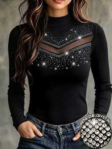 Zayélia Women's Mesh Patchwork Rhinestone Embellished Slim Fit Versatile Casual T-Shirt - Black - View 3