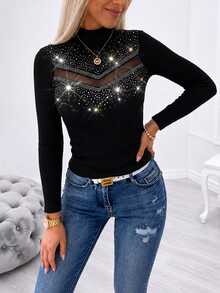 Zayélia Women's Mesh Patchwork Rhinestone Embellished Slim Fit Versatile Casual T-Shirt - Black - View 5
