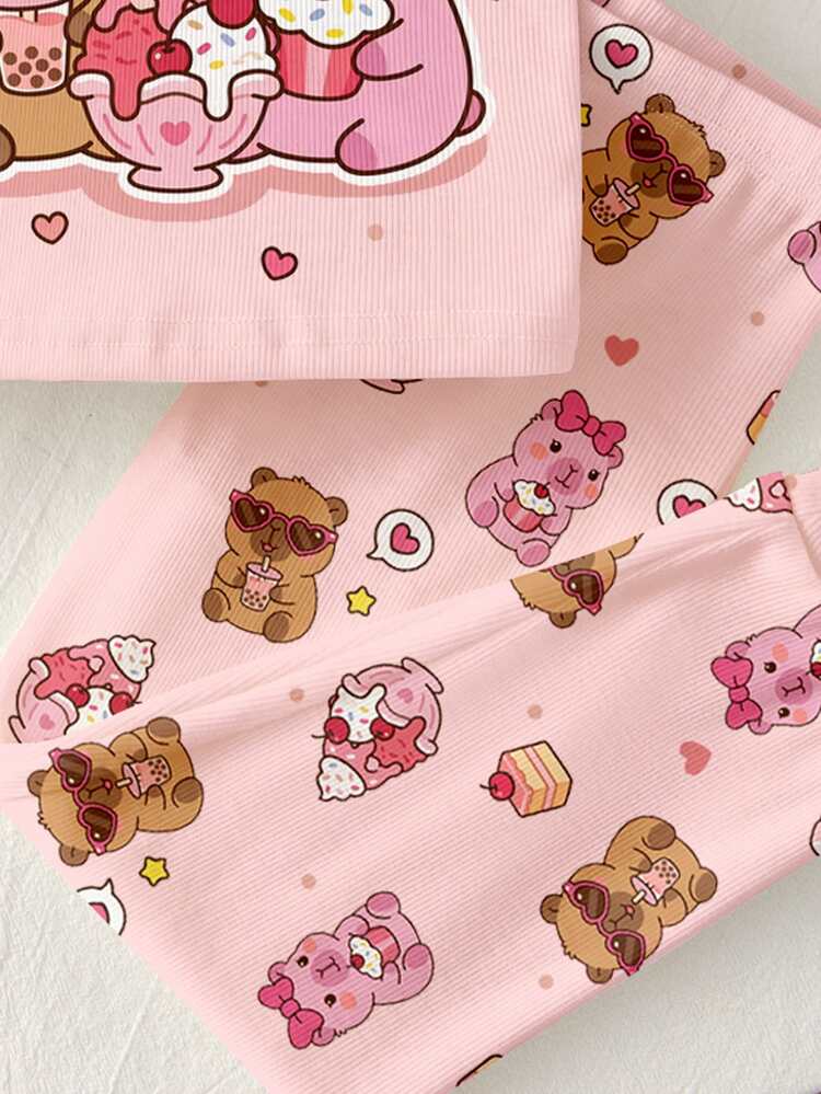 Cream Pink, Sweet Dream Girl Series Cute Sweet Cartoon Dessert Capybara Pattern Print, Girls Casual Simple Comfortable Short Sleeve Long Pants Loungewear Set New Style Girl Style Pajama Set Suitable For Autumn/Winter Snug Fit, Home, Christmas, Holiday Pajama Party, Parent-Child Sister Matching, Sweet Vintage Girl Style - Multicolor - View 7
