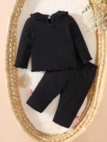 SHEIN Newborn Soft Cotton Crew Neck Bow Decor Long Sleeve Top And Pants Set, Comfortable And Skin-Friendly, Autumn/Winter Fall - Black - View 3